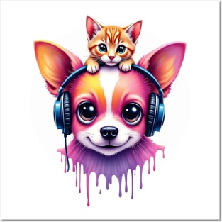 Cute dog with headphones and a cute cat on his head for both cat and dog lovers Posters and Art